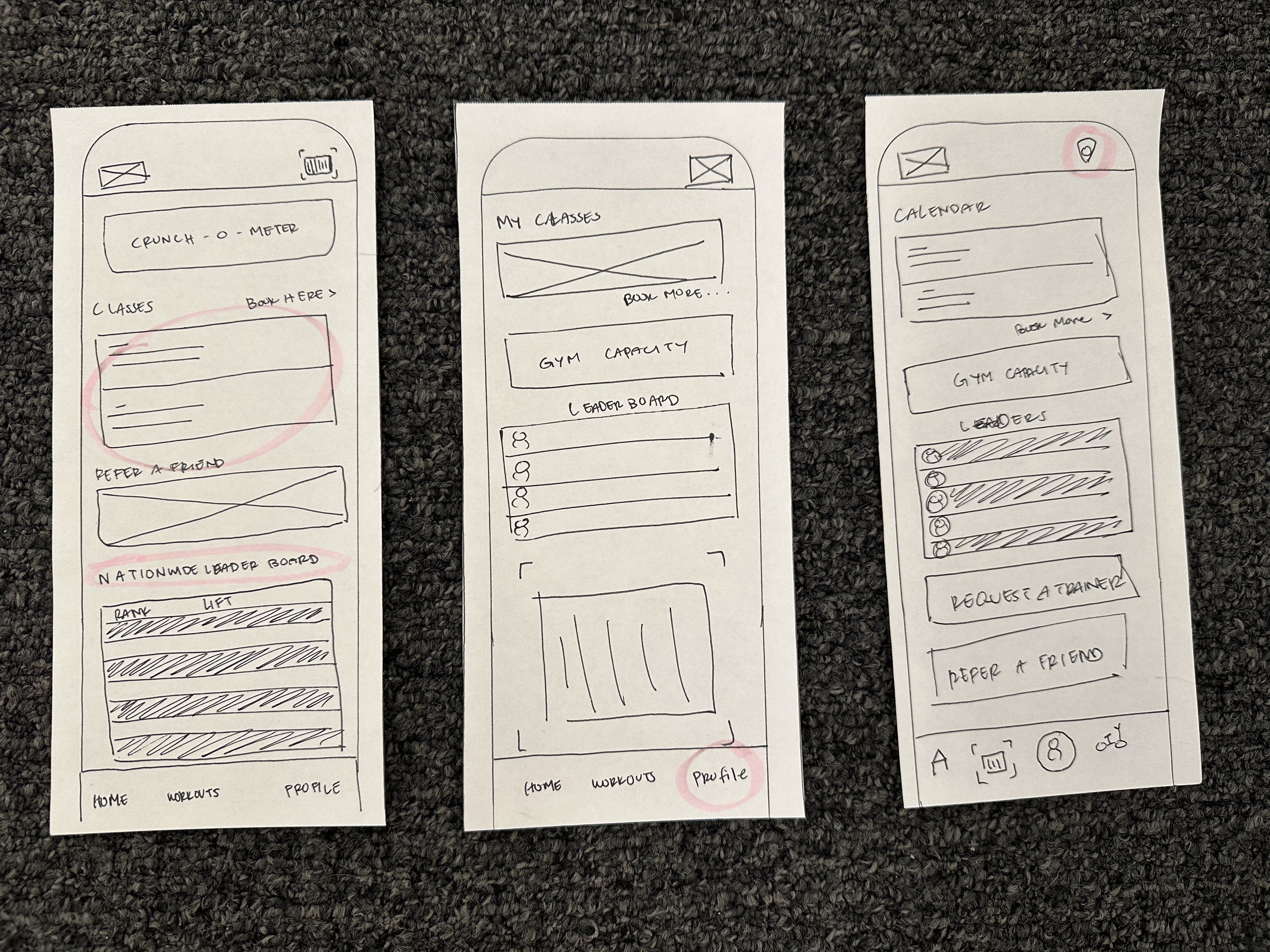 Hand-drawn low-fidelity mobile wireframes detailing Crunch app dashboard iterations