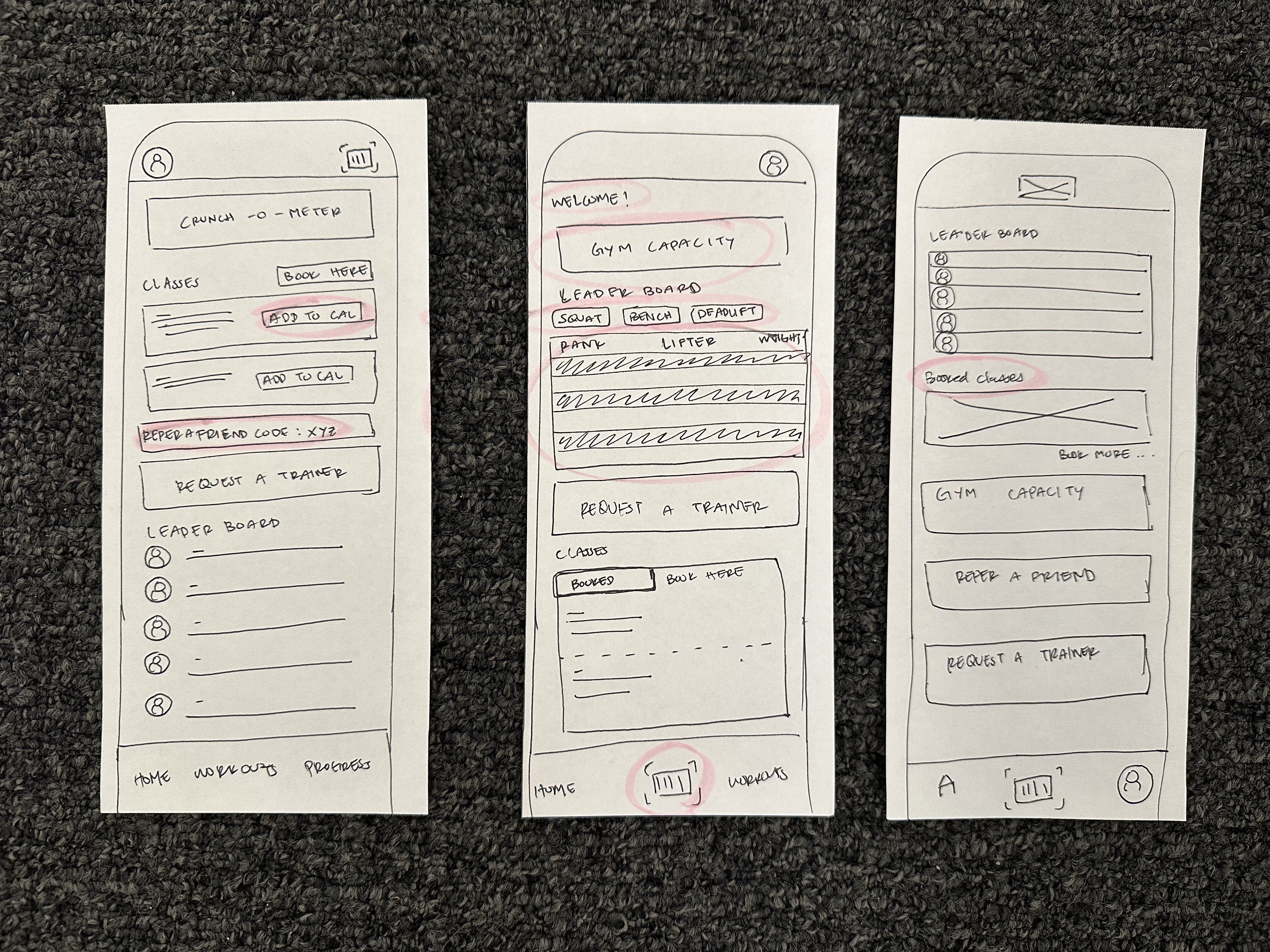 Hand-drawn low-fidelity mobile wireframes for Crunch app redesign