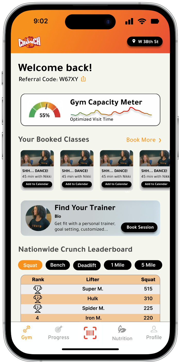 High fidelity mockup of the redesigned Crunch Fitness homepage screen