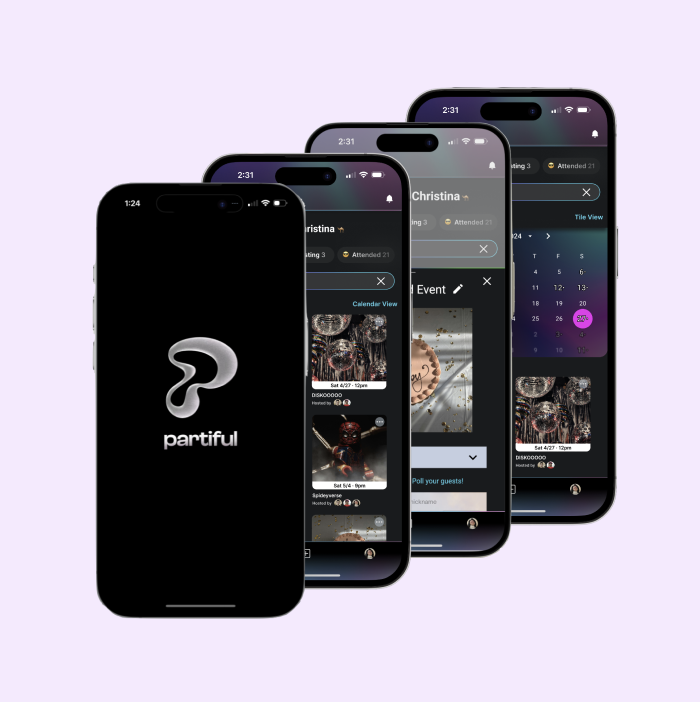 Partiful Redesign mockup showing multiple phone screens overlapping on lavender background