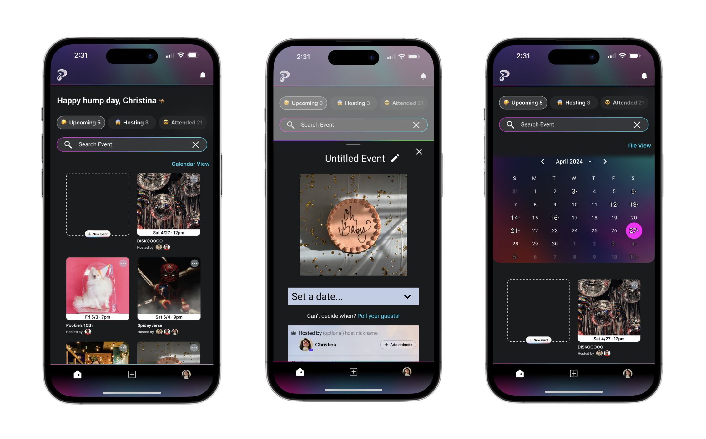 High fidelity mockups of three phone screens displaying the redesigned scannable home dashboard, event details, and calendar views