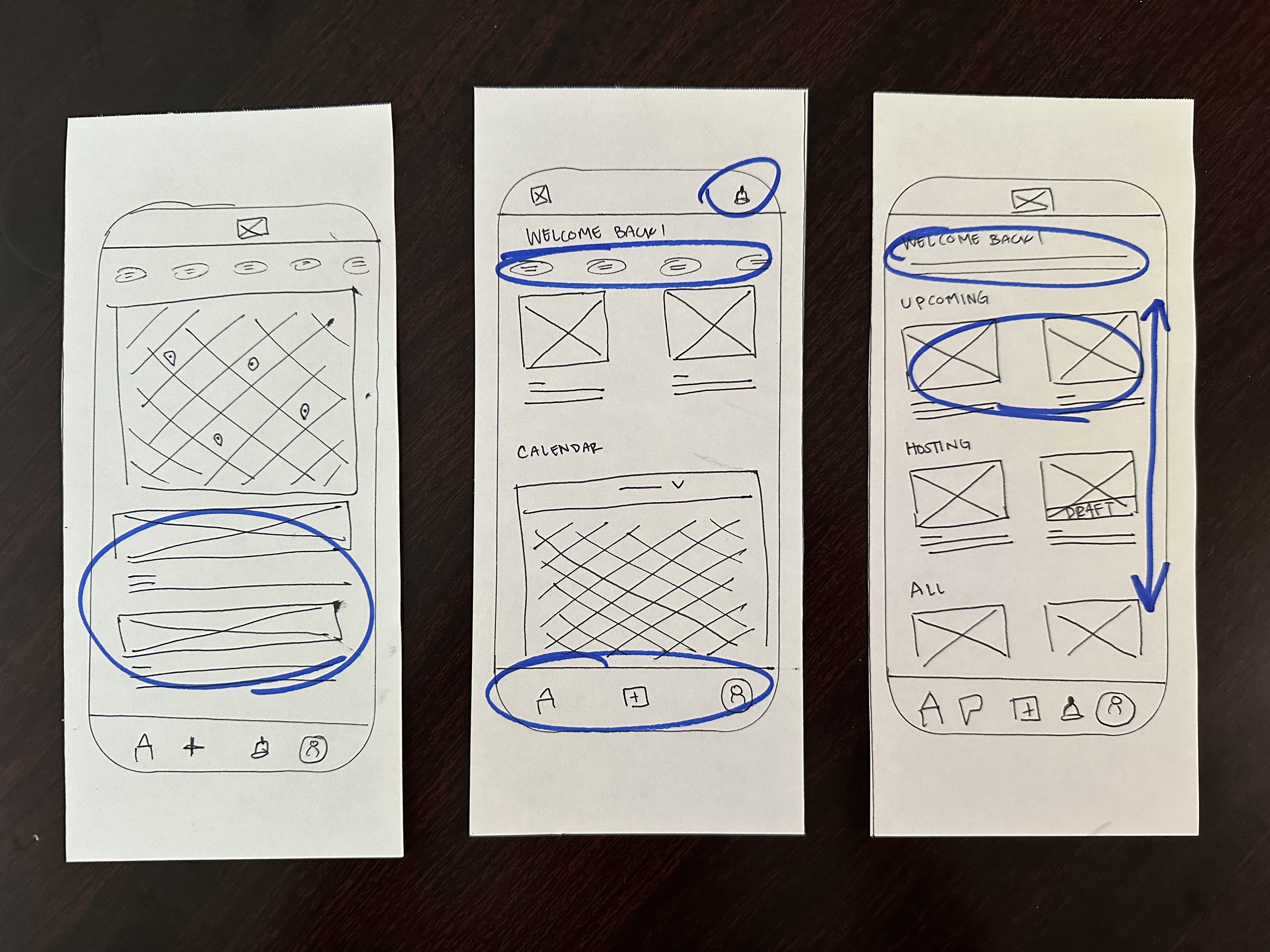 Hand-drawn low-fidelity mobile wireframes detailing event schedules and user profile details