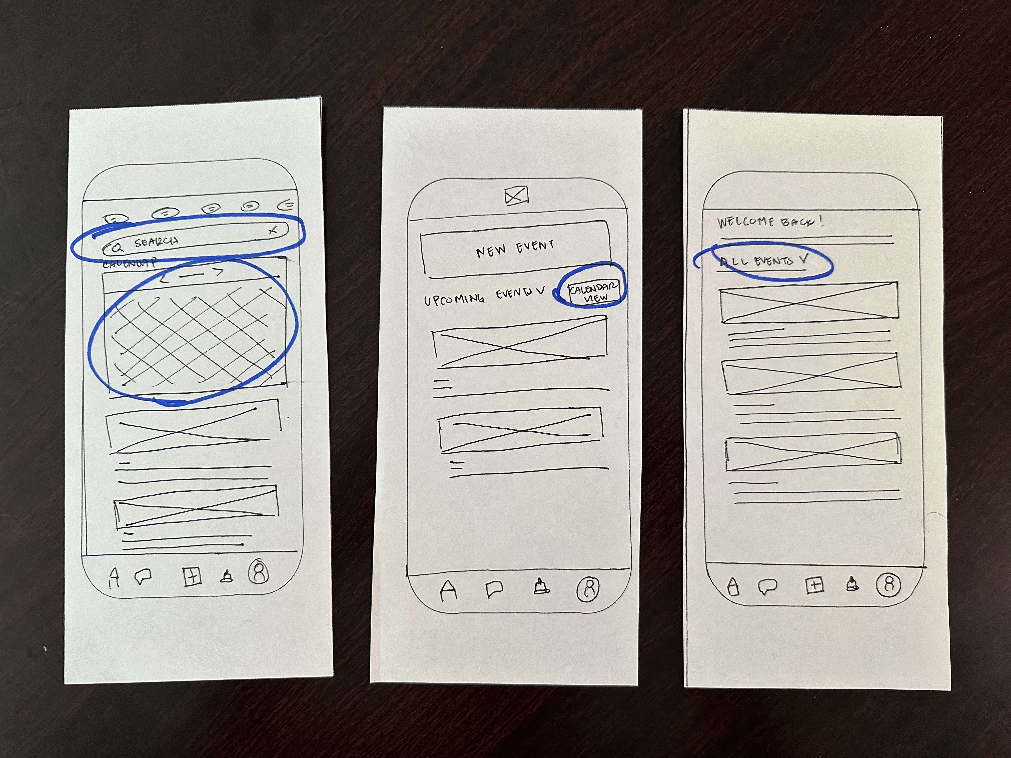 Hand-drawn low-fidelity mobile wireframes showing calendar and dashboard design iterations